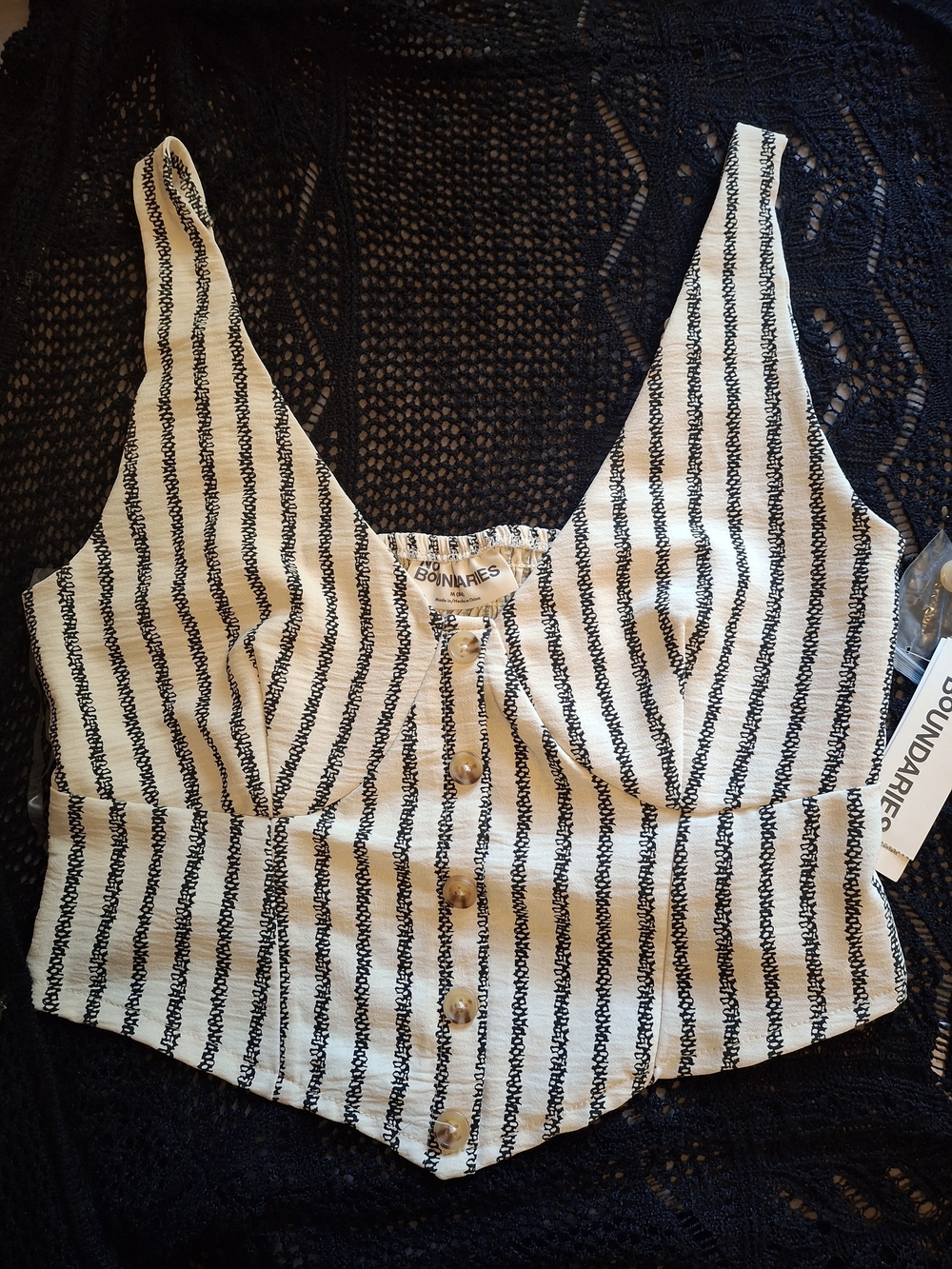 No Boundaries Striped Button Front Crop Top in beige & Black NWT